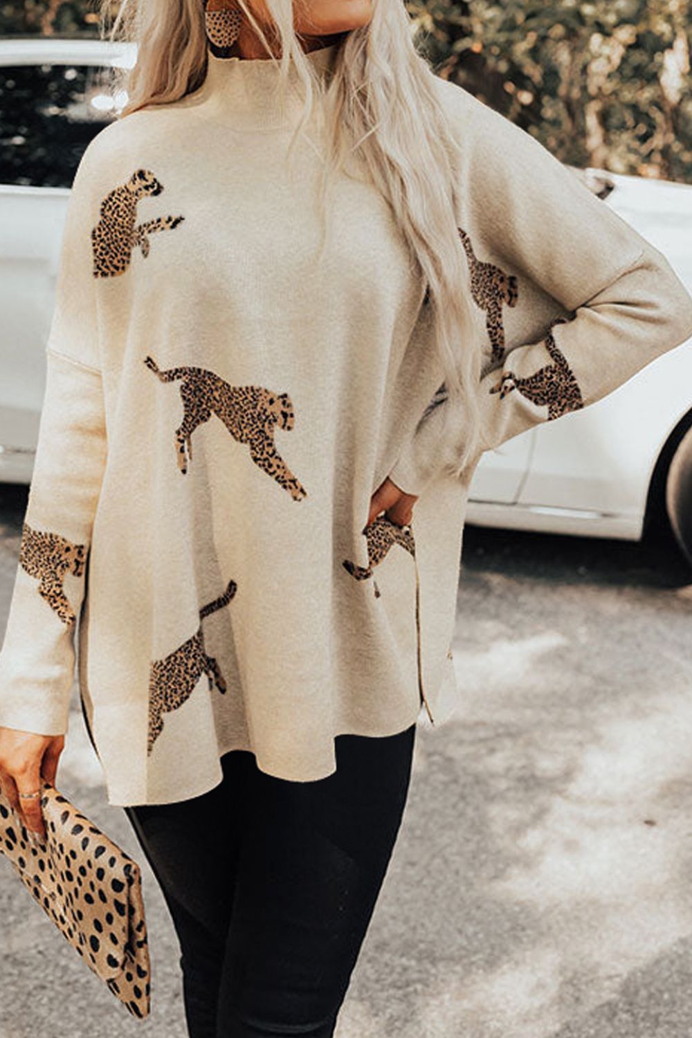 Animal Pattern Mock Neck Long Sleeve Slit Sweater - felvior