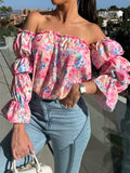 Printed Off-Shoulder Flounce Sleeve Blouse - felvior
