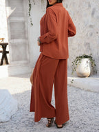 Devine Button Down Long Sleeve Top and Wide Leg Pants Set
