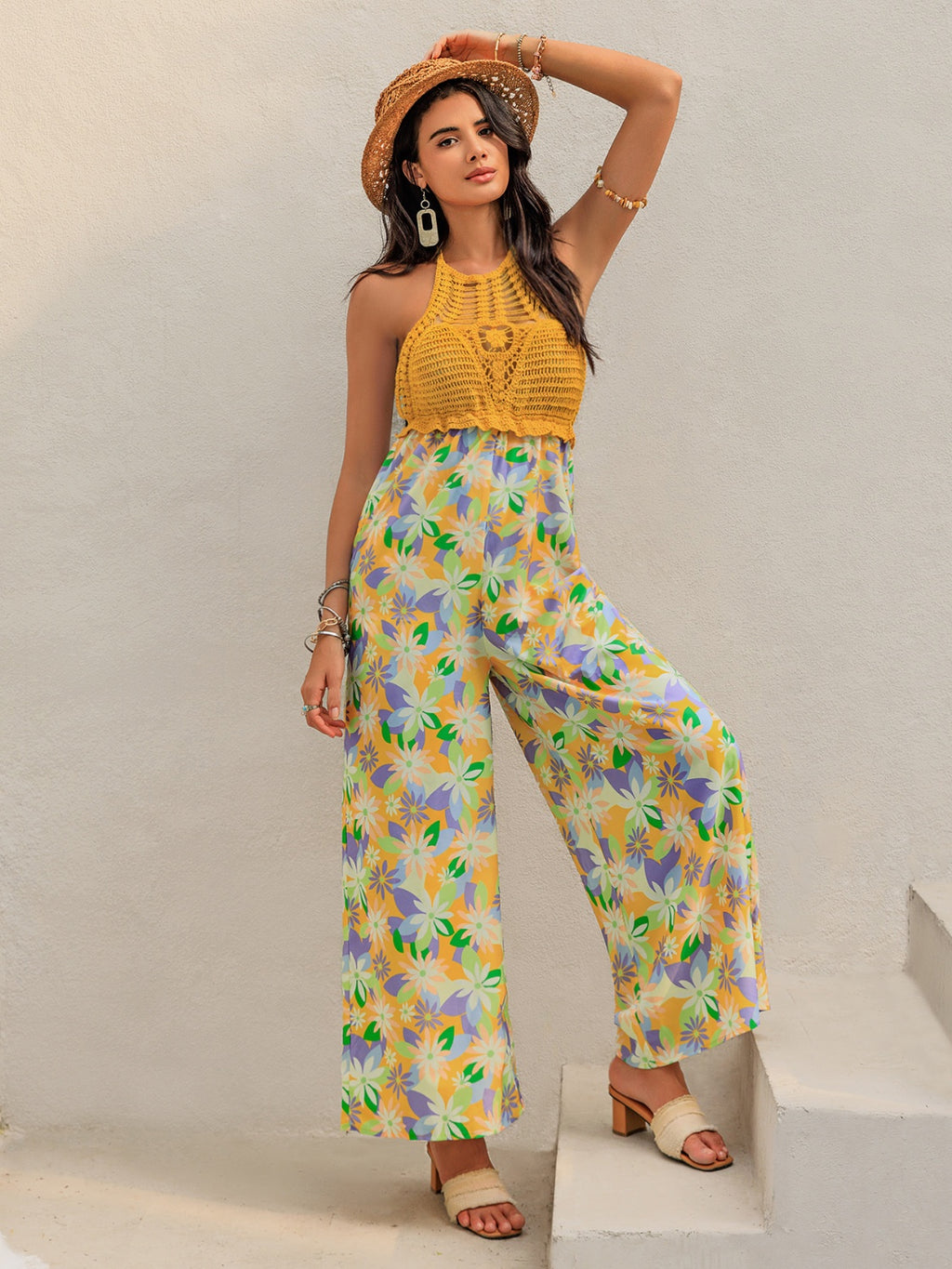 Openwork Halter Neck Floral Wide Leg Jumpsuit