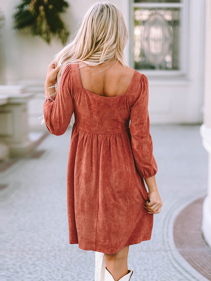 Square Neck Three-Quarter Sleeve Mini Dress - felvior