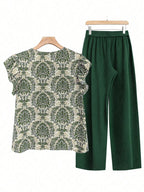 Printed Ruffled Cap Sleeve Top and Pants Set