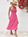 Smocked One-Shoulder Midi Dress - felvior
