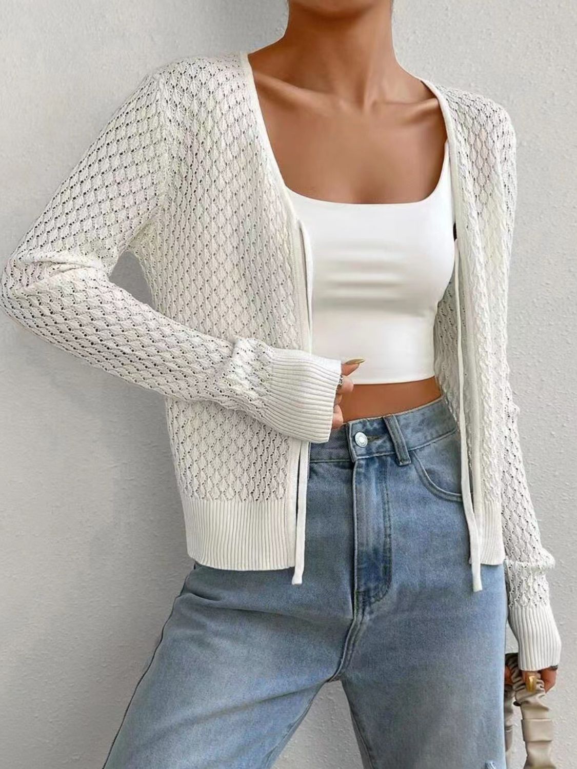 Tied Openwork V-Neck Long Sleeve Cardigan - felvior