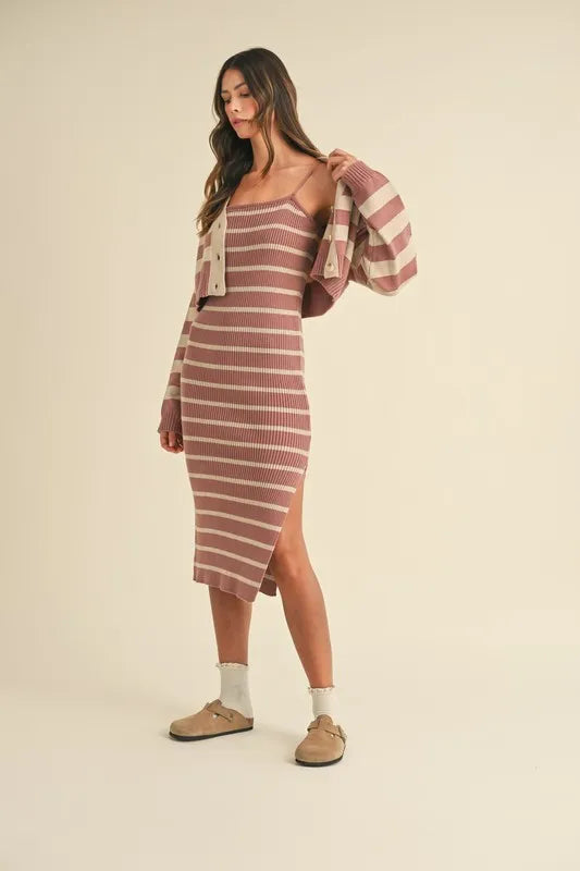 MABLE Stripe Crop Cardigan and Bodycon Dress Sweater Set - felvior