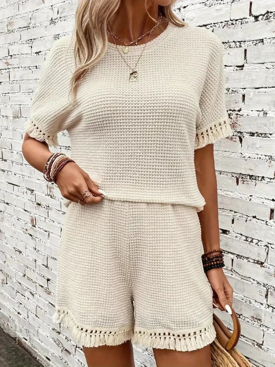 Tassel Round Neck Top and Shorts Set - felvior
