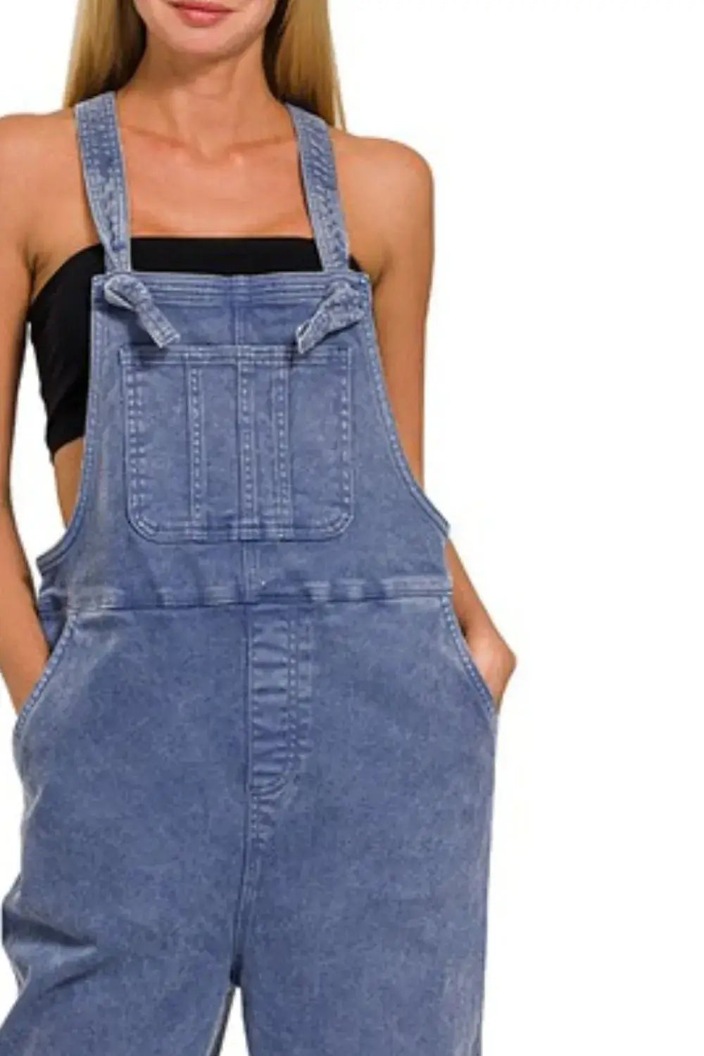 Zenana Washed Knot Strap Relaxed Fit Overalls