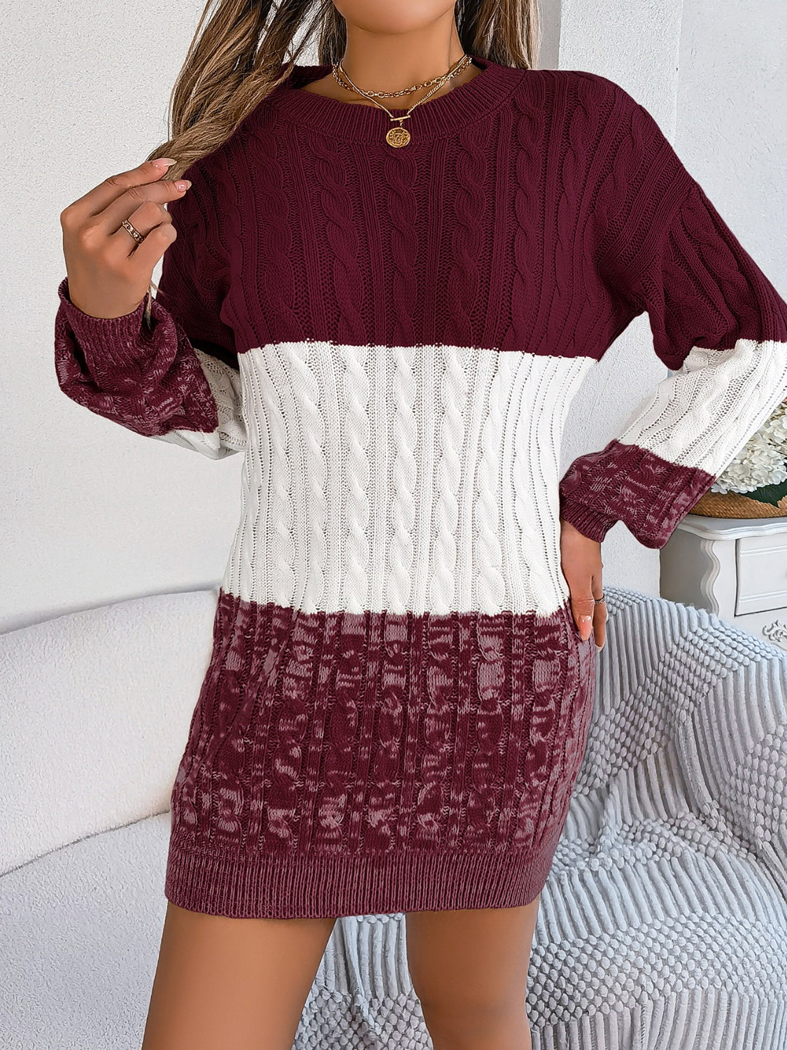 Cable-Knit Round Neck Color Block Sweater Dress - felvior