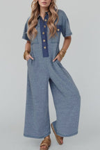 Placket Chest Pockets Short Sleeve Wide Leg Jumpsuit