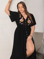 Plus Size Embroidered V-Neck Flutter Sleeve Maxi Dress