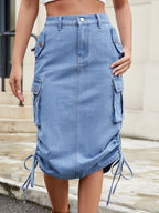 Drawstring Denim Skirt with Cargo Pockets