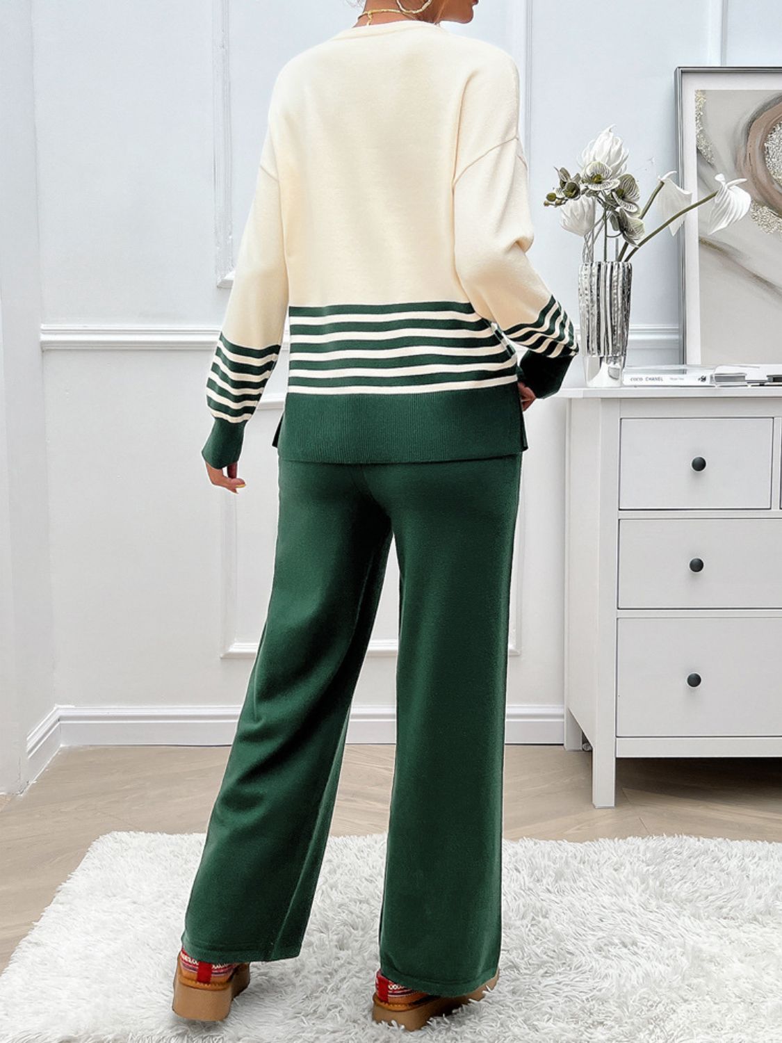 Devine Slit Striped Round Neck Top and Pants Sweater Set - felvior