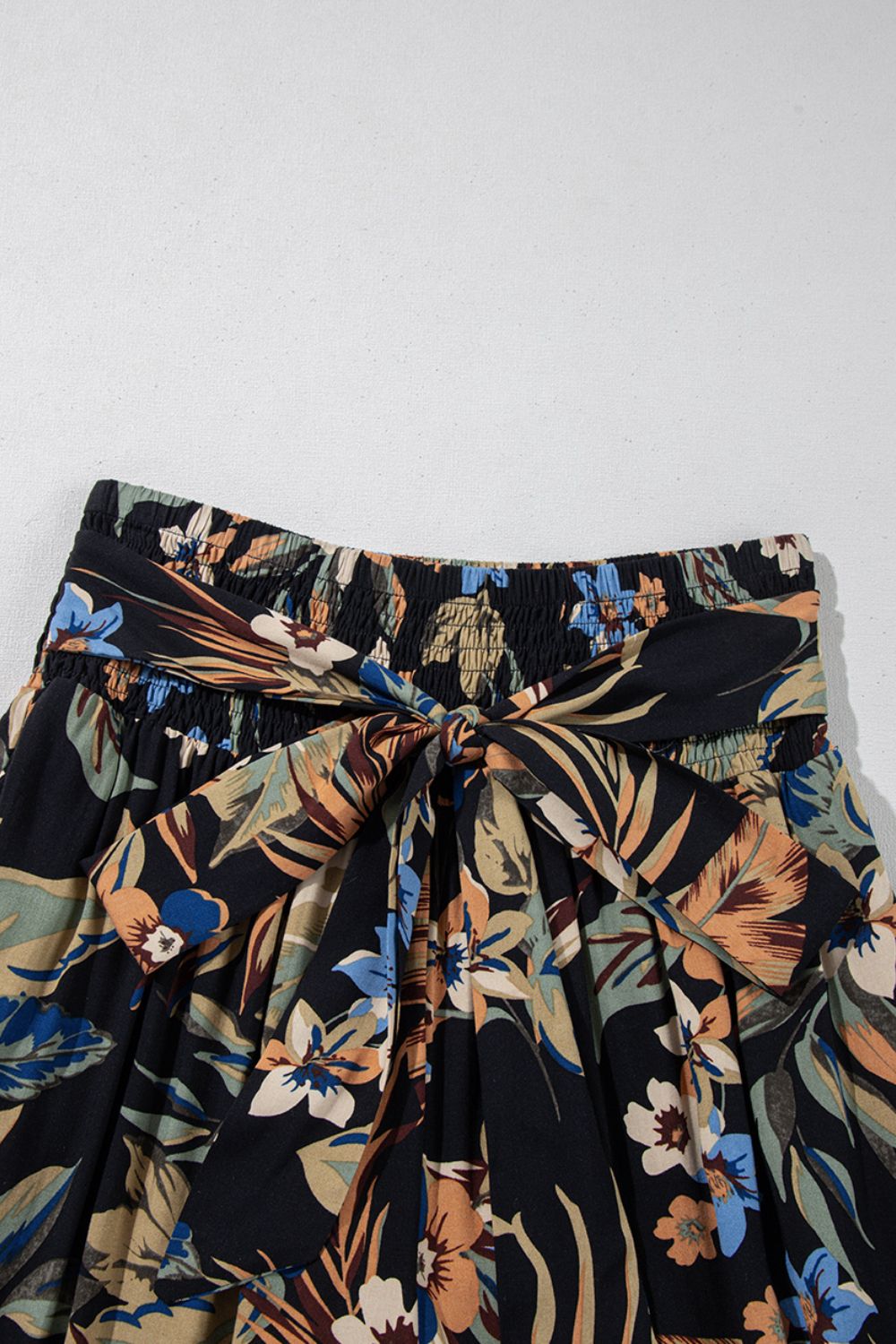 Floral Shirred High Waist Wide Leg Pants with Tie - felvior
