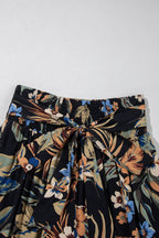 Floral Shirred High Waist Wide Leg Pants with Tie