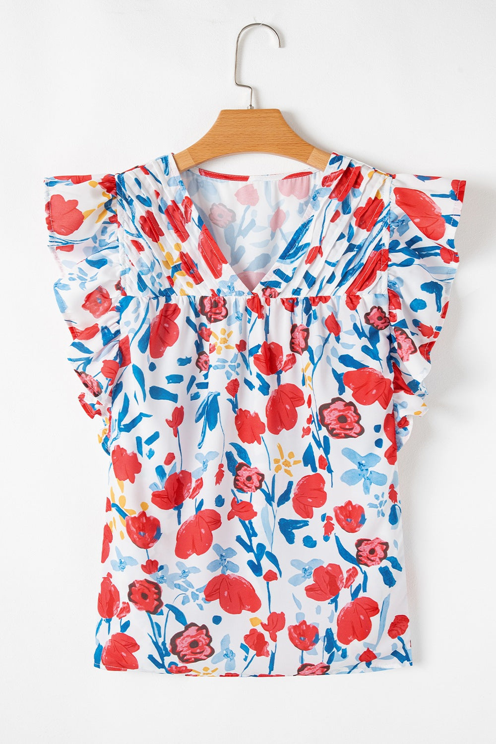 Ruffled Printed V-Neck Cap Sleeve Blouse - felvior