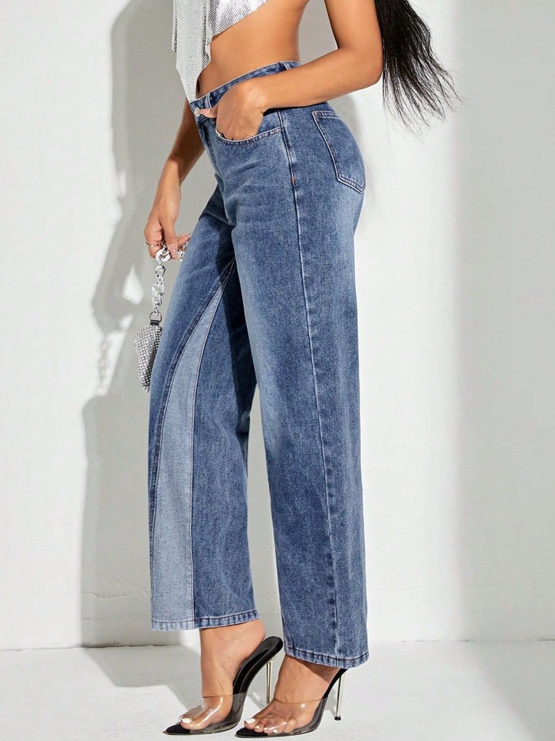 Contrast Patchwork Straight Jeans with Pockets - felvior
