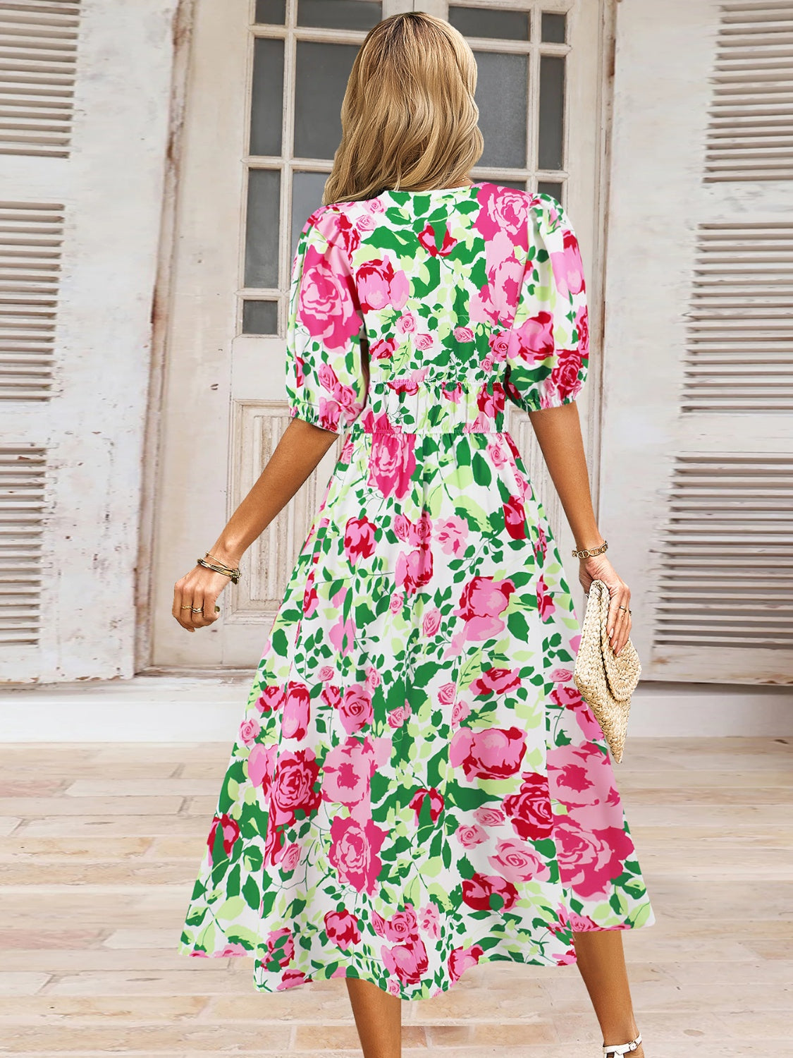 Ruched Printed Surplice Short Sleeve Dress - felvior