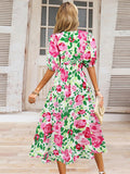 Ruched Printed Surplice Short Sleeve Dress - felvior
