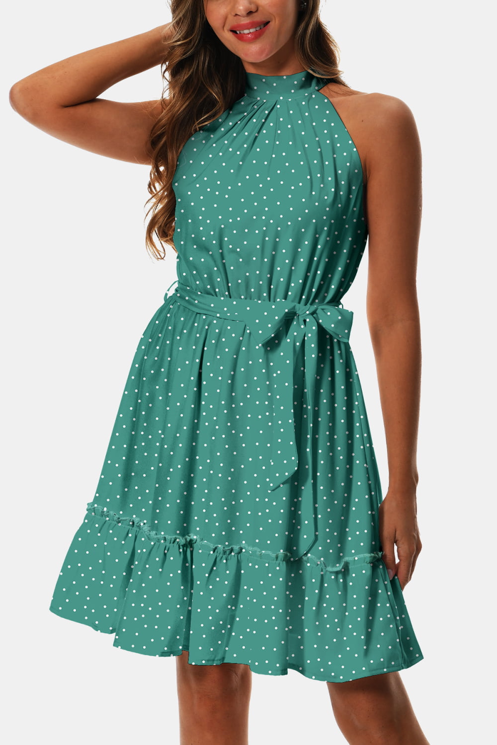 Printed Tie Waist Frill Trim Dress - felvior