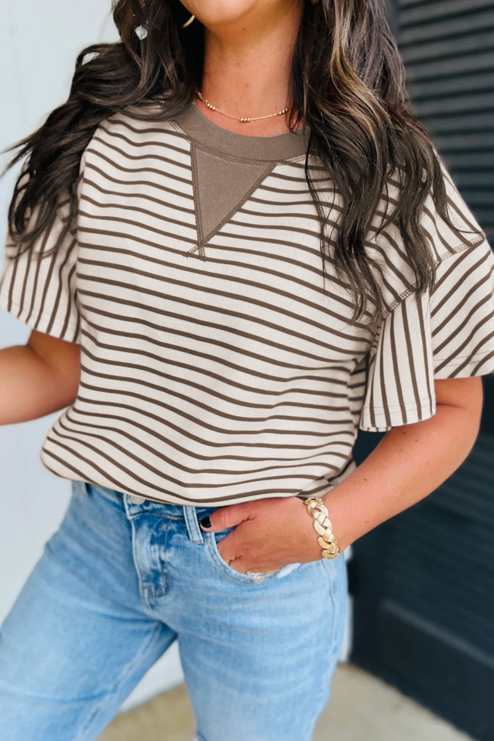 Contrast Striped Ruffle Short Sleeve Top - felvior