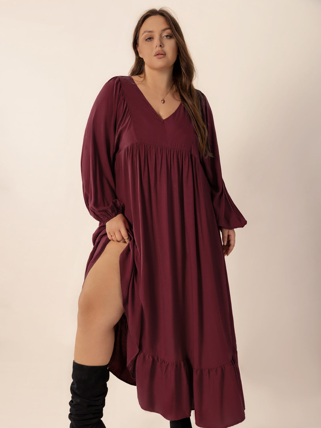Plus Size Ruffled Hem V-Neck Balloon Sleeve Dress - felvior