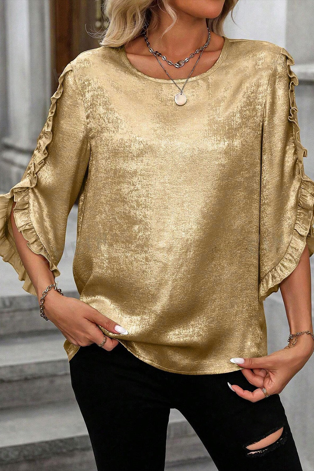 Metallic Luster Round Neck Frill 3/4 Sleeve Blouse - felvior