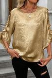 Metallic Luster Round Neck Frill 3/4 Sleeve Blouse - felvior