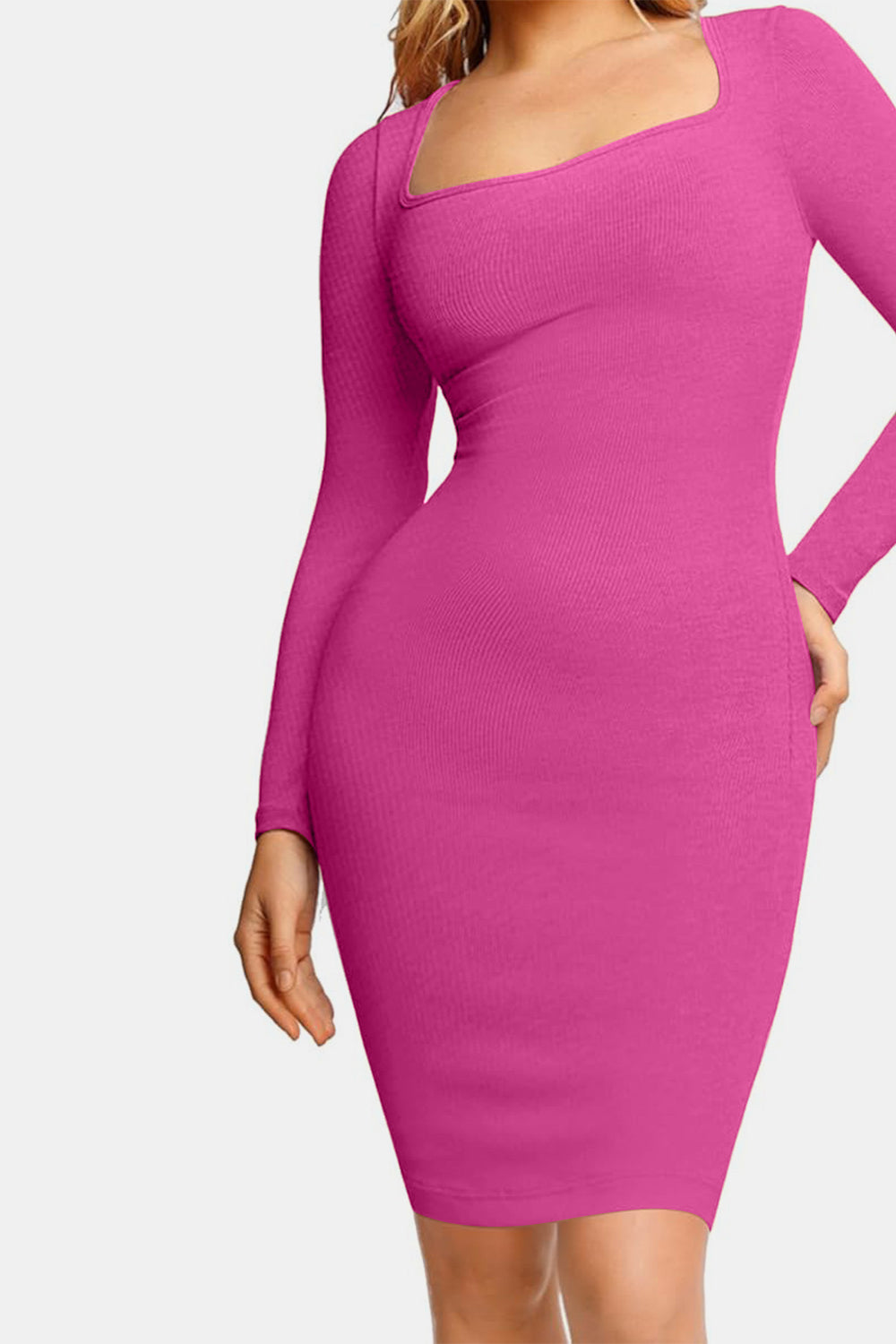 Basic Bae Full Size Built-In Shapewear Square Neck Long Sleeve Dress - felvior