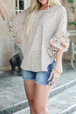 Printed Round Neck Ruffled Half Sleeve Blouse - felvior