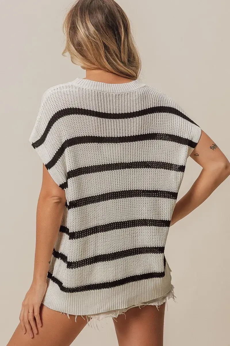 BiBi Vacay Mode Lettering Drop Shoulder Striped Sweater