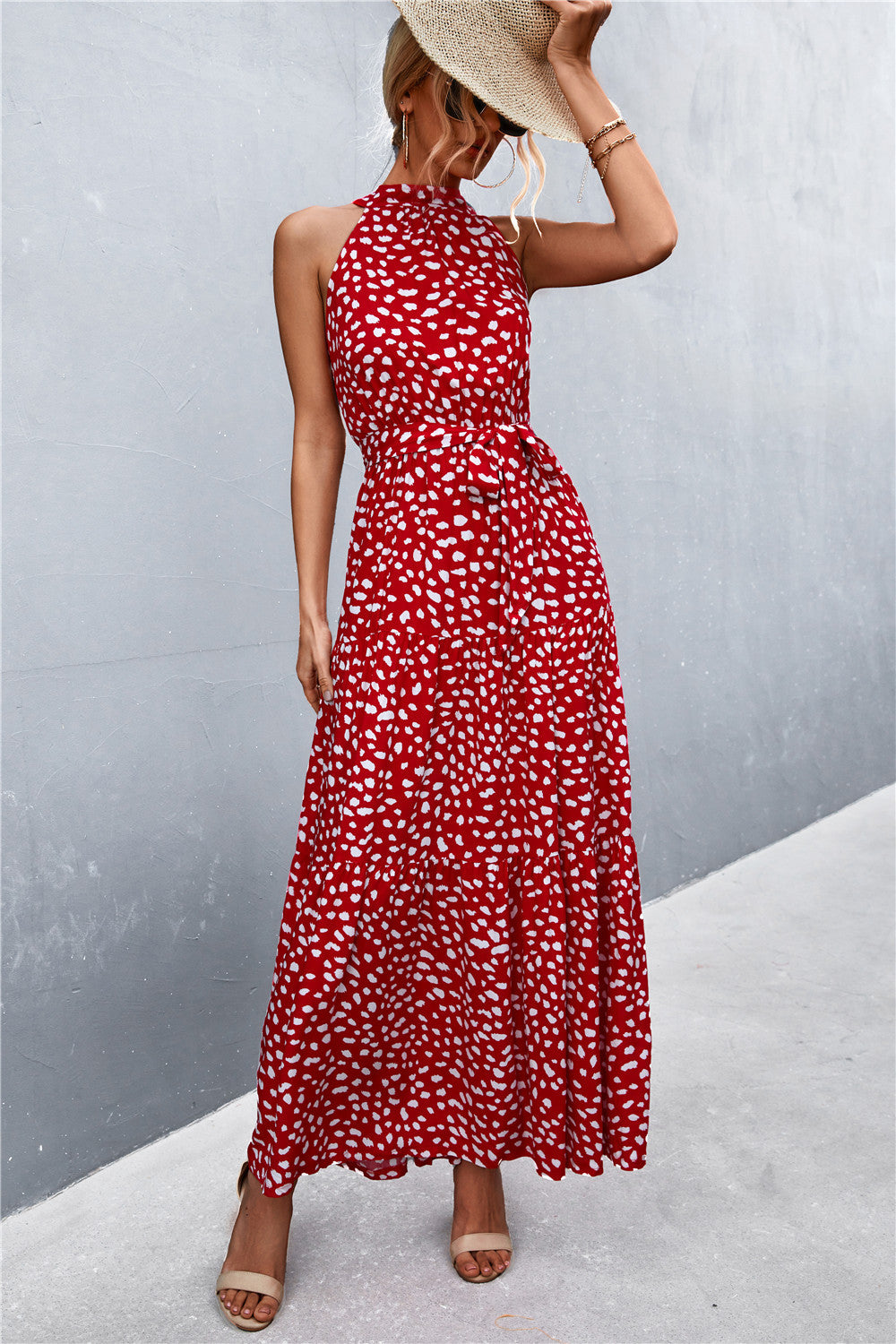 Printed Sleeveless Tie Waist Maxi Dress - felvior