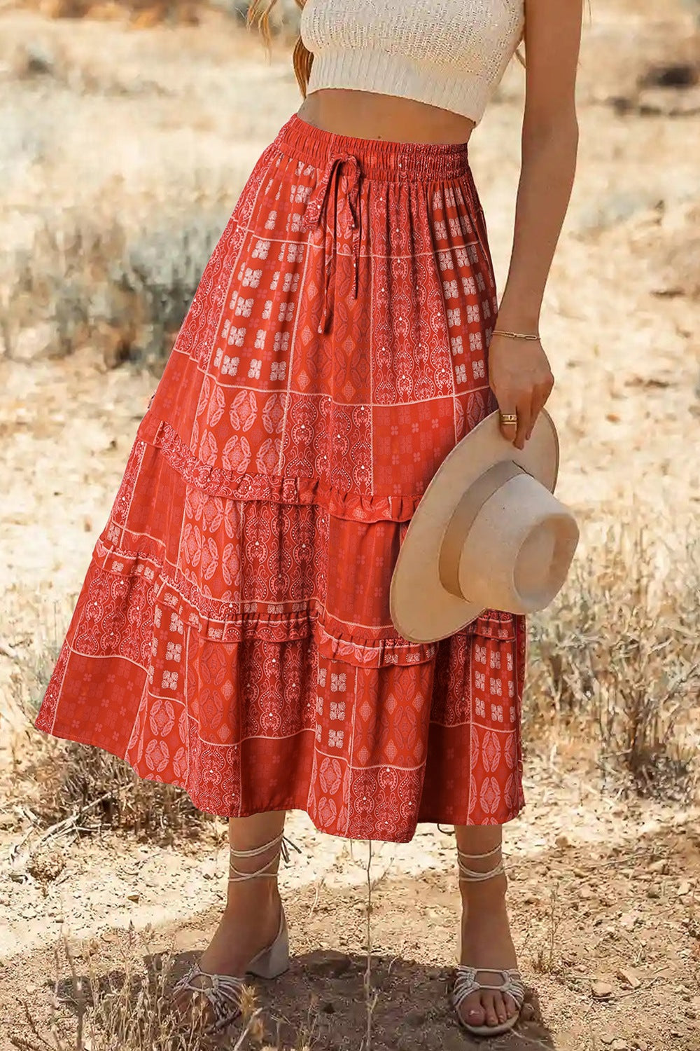 Printed Drawstring Midi Skirt - felvior