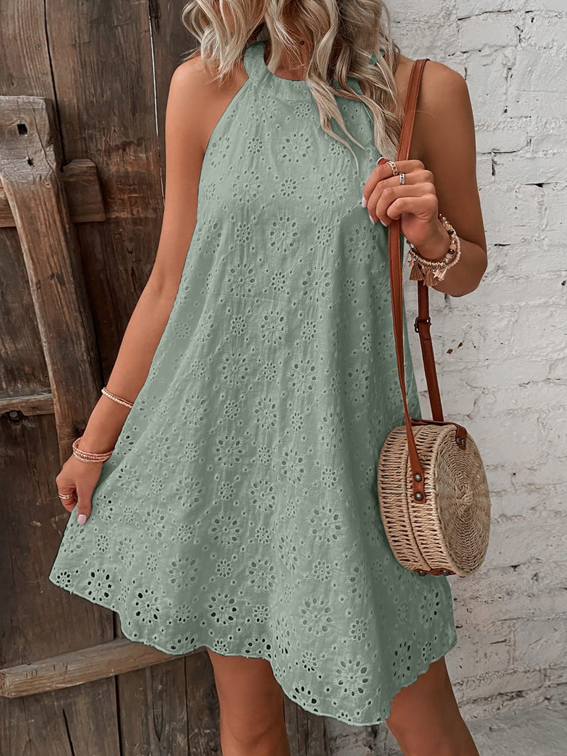 Eyelet Grecian Neck Mini Dress - felvior