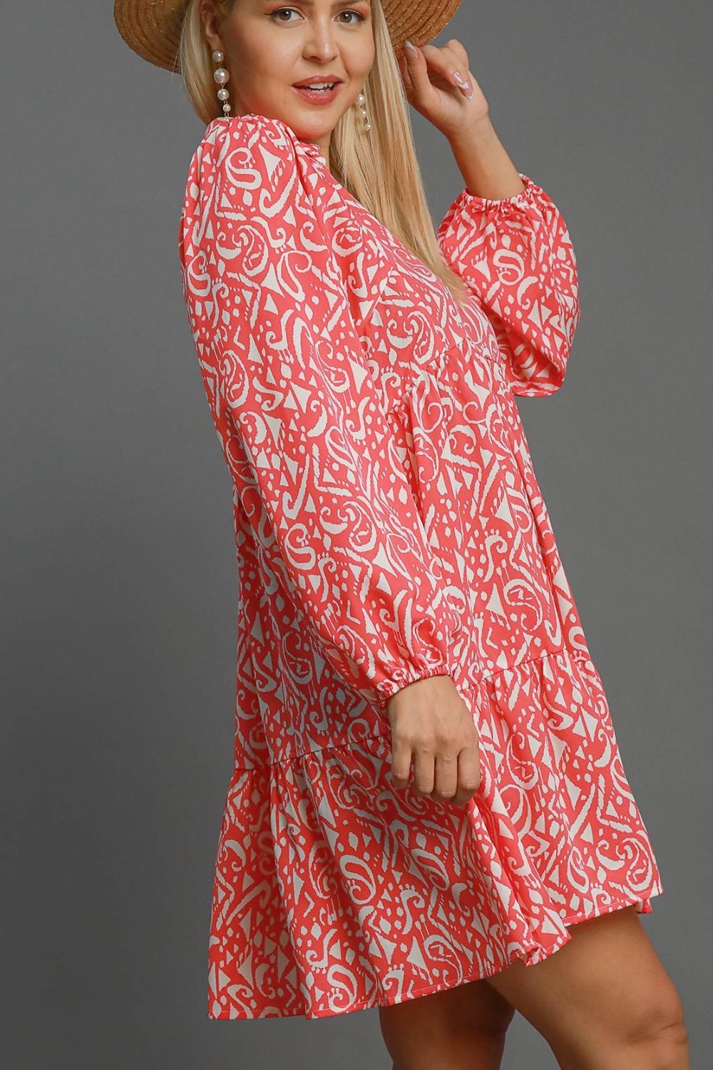 Umgee Full Size Two Tone Print Balloon Sleeve Tiered Dress Plus Size - felvior