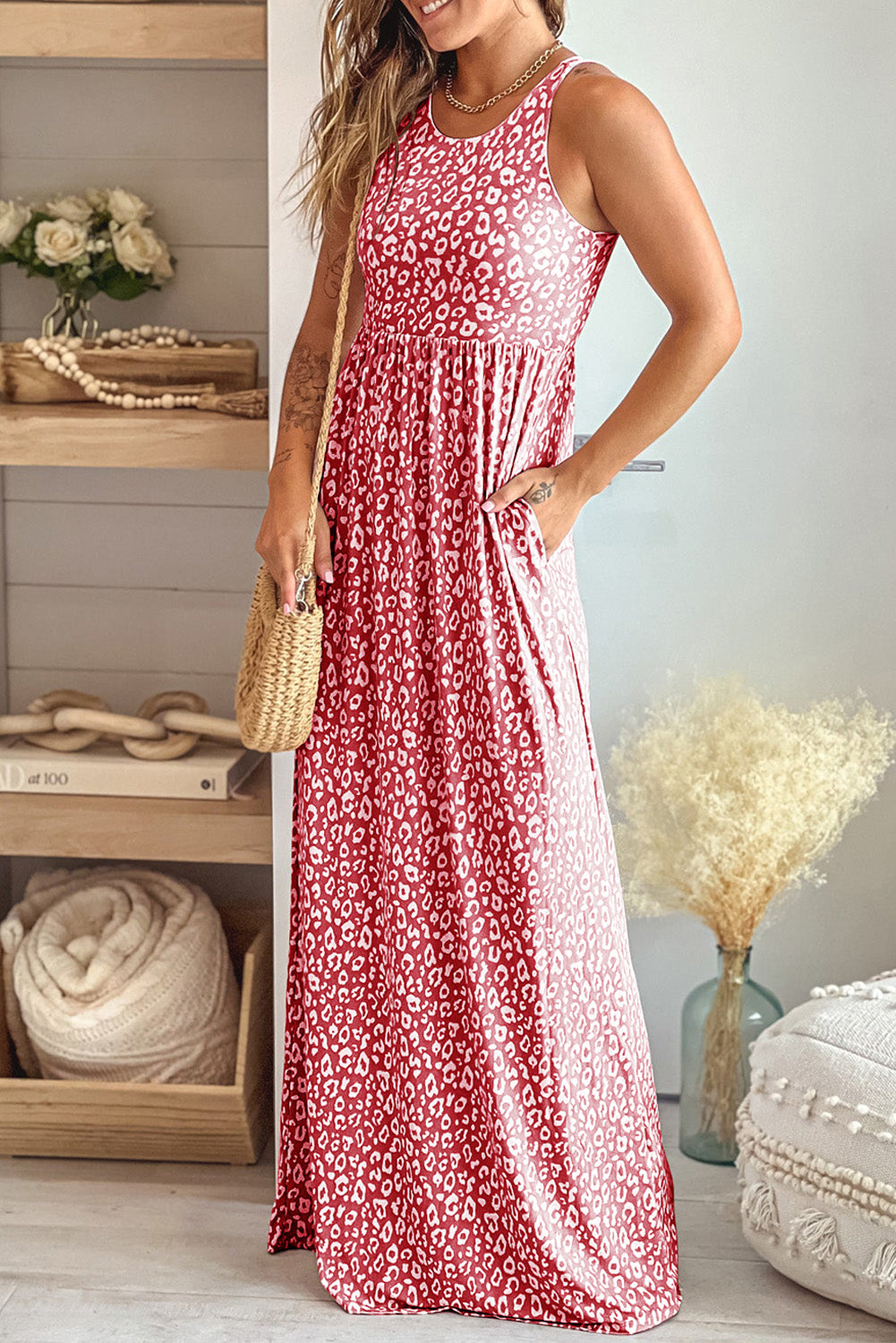 Leopard Round Neck Sleeveless Maxi Dress - felvior