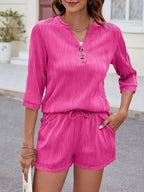 Textured Notched Top and Drawstring Shorts Set