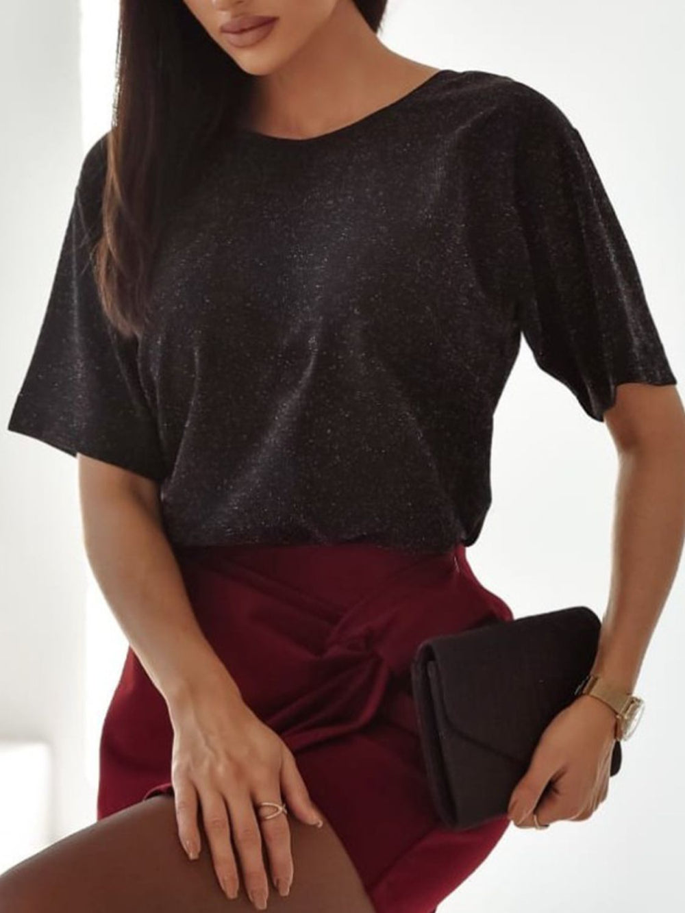 Bow Back Round Neck Short Sleeve Blouse