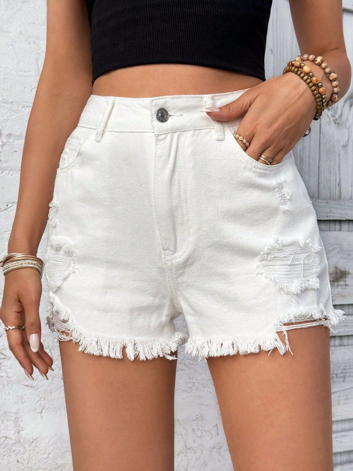 Distressed Raw Hem High Rise Denim Shorts - felvior