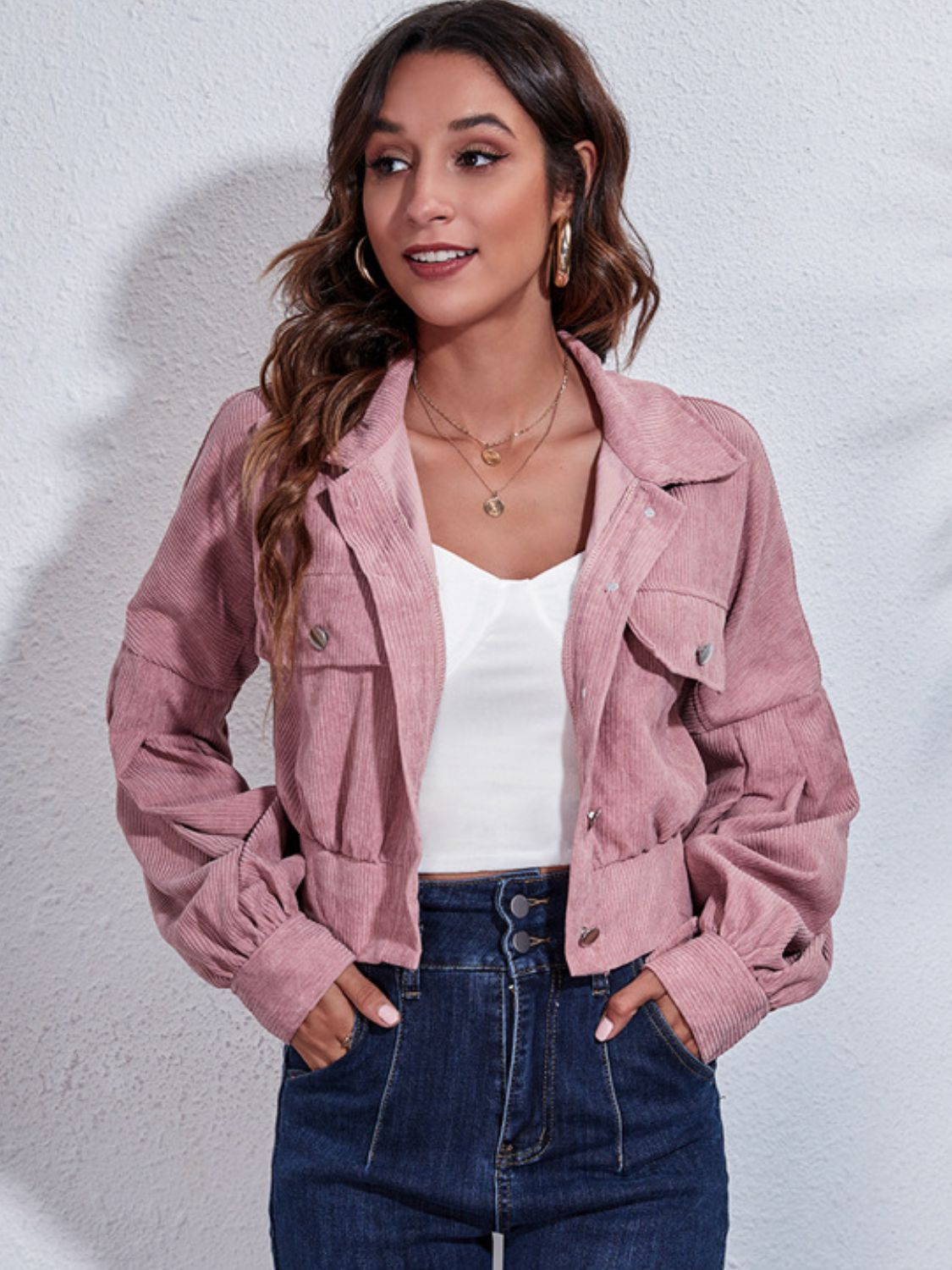 Button Down Collared Neck Cropped Jacket - felvior