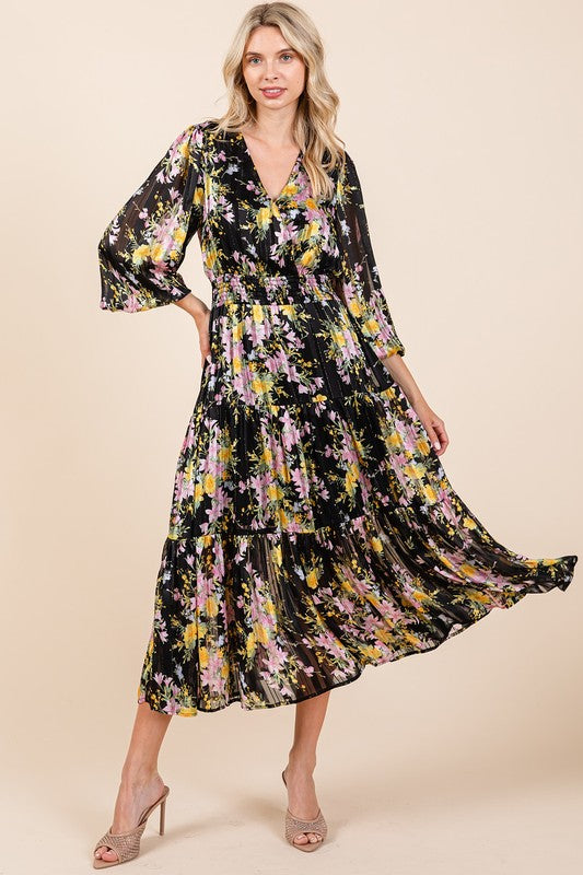Mittoshop Flower Print Satin Lurex Stripe Smocked Midi Dress - felvior