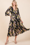 Mittoshop Flower Print Satin Lurex Stripe Smocked Midi Dress - felvior