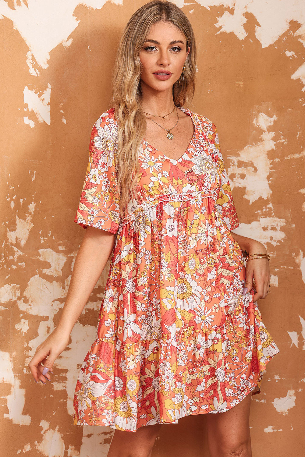 Floral Print V-Neck Short Sleeve Frill Trim Mini Dress - felvior