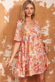Floral Print V-Neck Short Sleeve Frill Trim Mini Dress - felvior