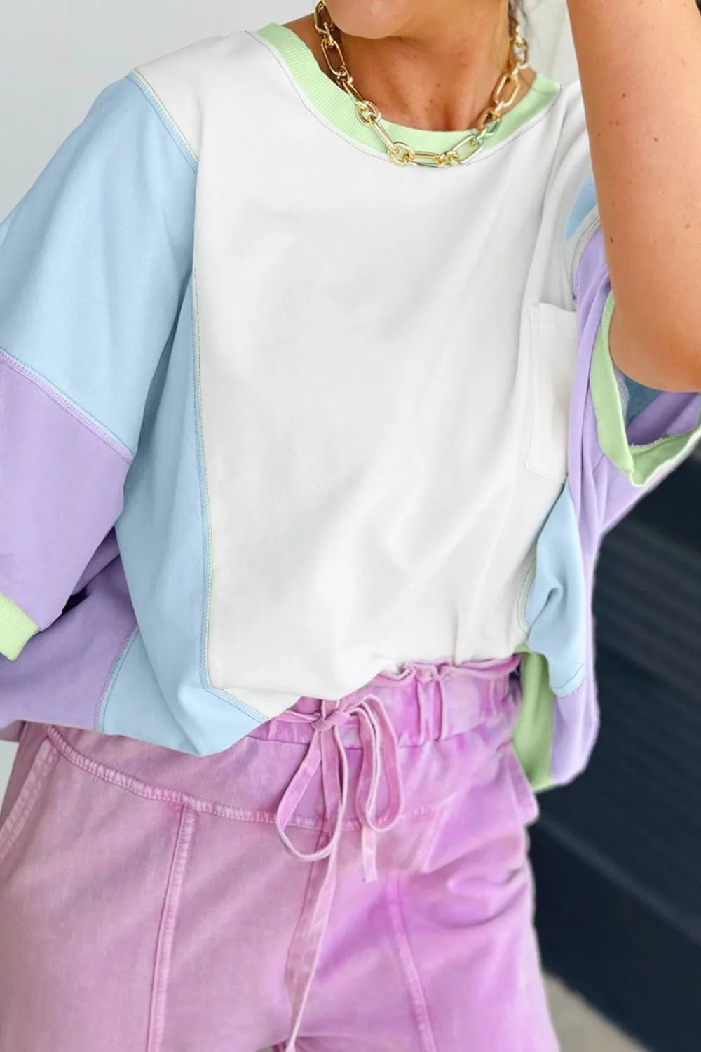 Color Block Patchwork Half Sleeve Oversized T Shirt - felvior