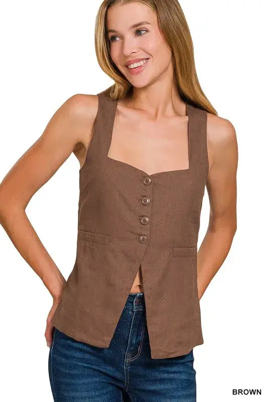 Zenana Linen Tie-back 4-button Vest with Lining Image principale du produit