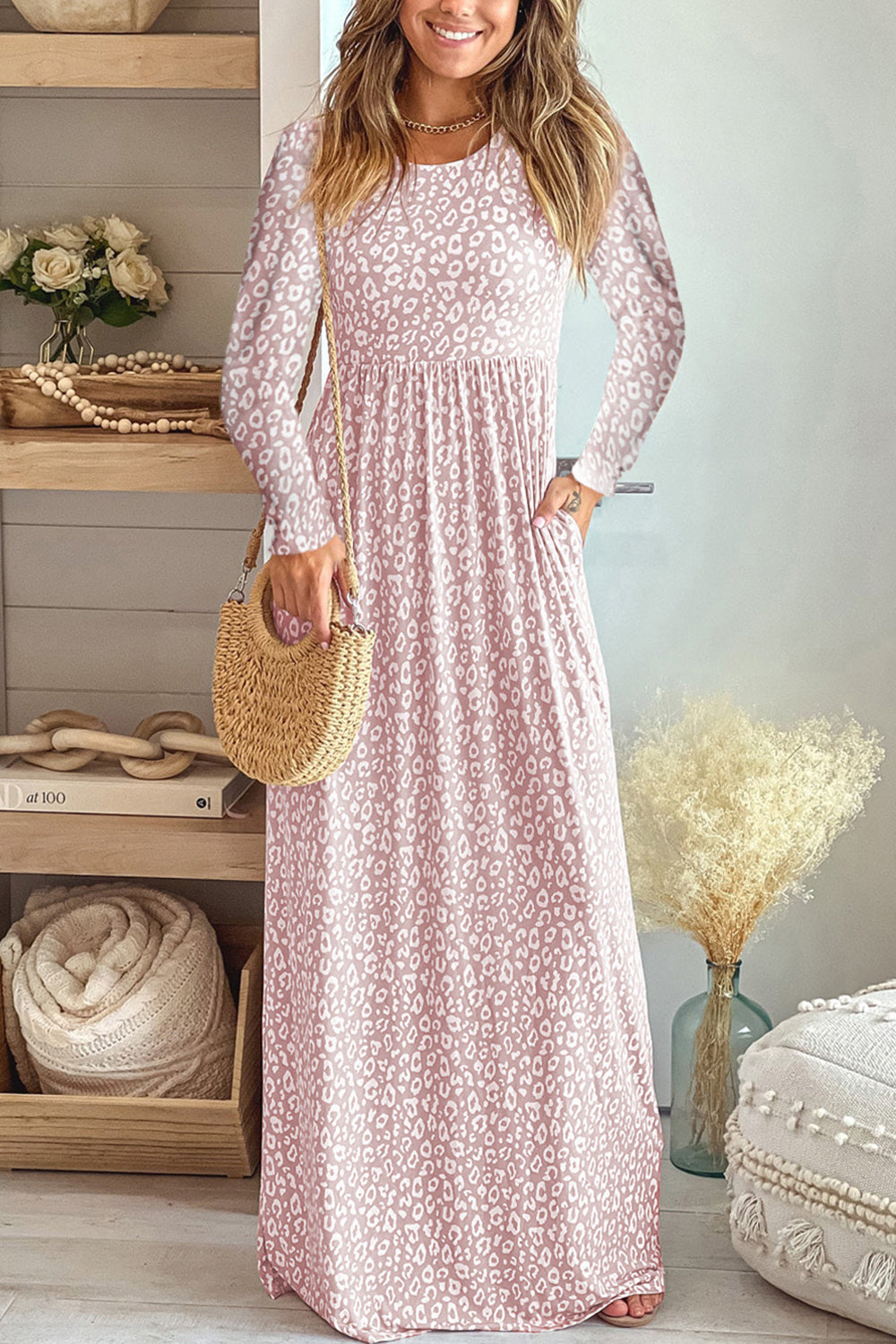 Leopard Round Neck Long Sleeve Maxi Dress - felvior