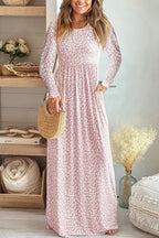 Leopard Round Neck Long Sleeve Maxi Dress