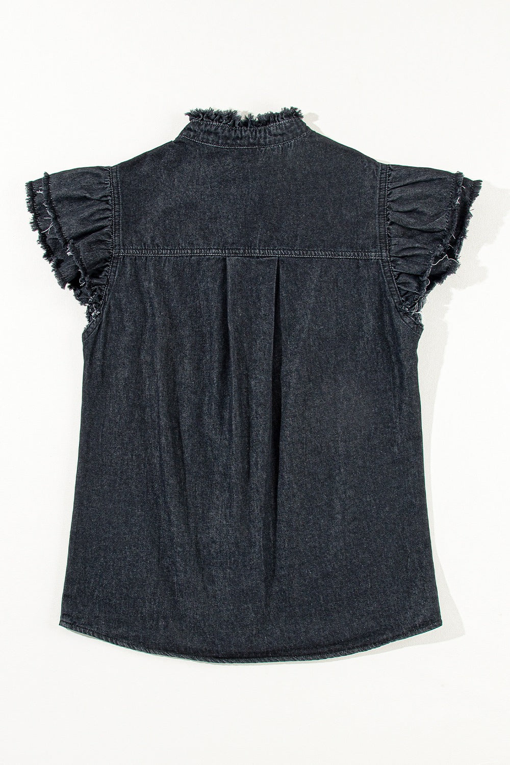 Button Down Raw Hem Ruffled Denim Shirt - felvior