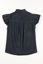 Button Down Raw Hem Ruffled Denim Shirt
