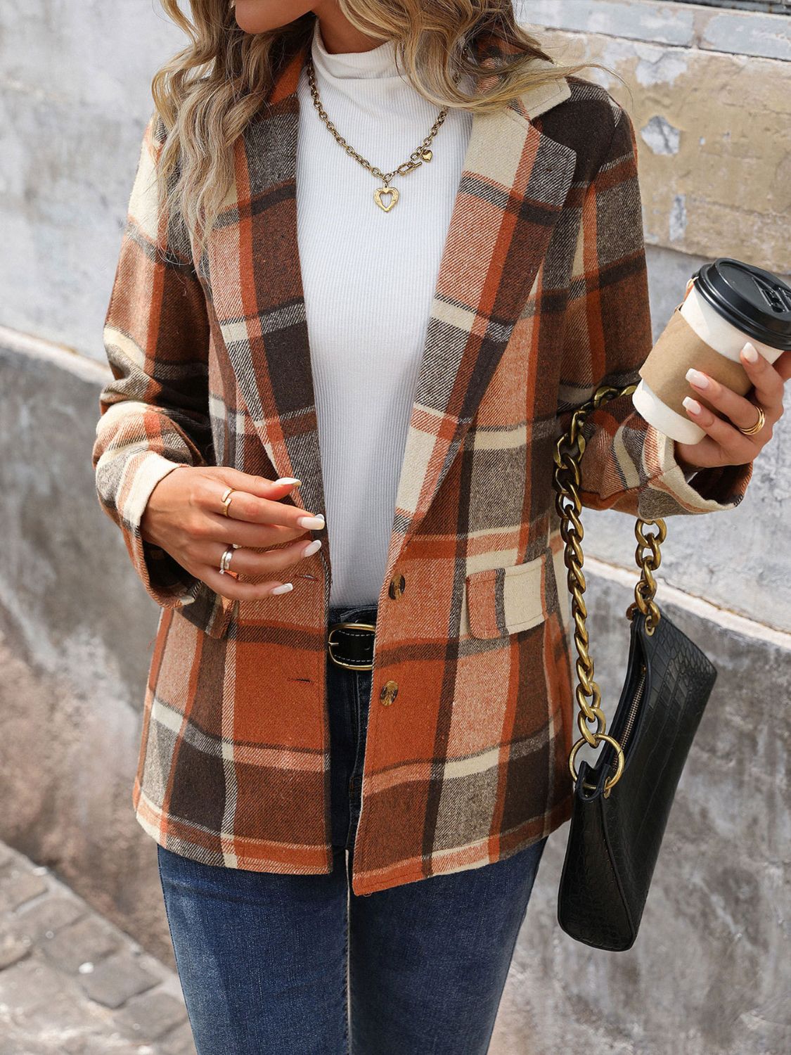 Perfee Plaid Button Down Lapel Collar Blazer - felvior